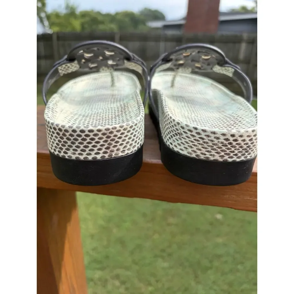 Tory Burch Miller Cloud Lug Sandals Snake Print Leather Thong Slides US 7